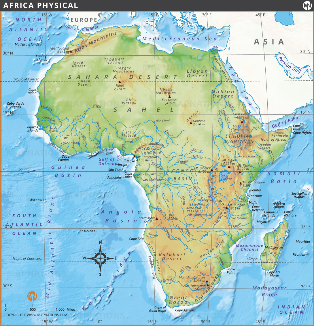 Physical Map Of Africa Mountains Rivers Deserts And Elevation Features Africa Physical Map 