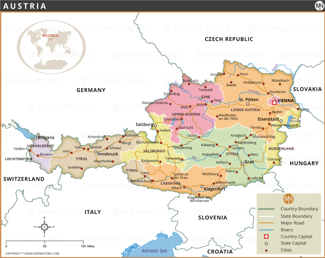 Map Of Austria Map Of Austria With States Cities And Borders Austria Map 