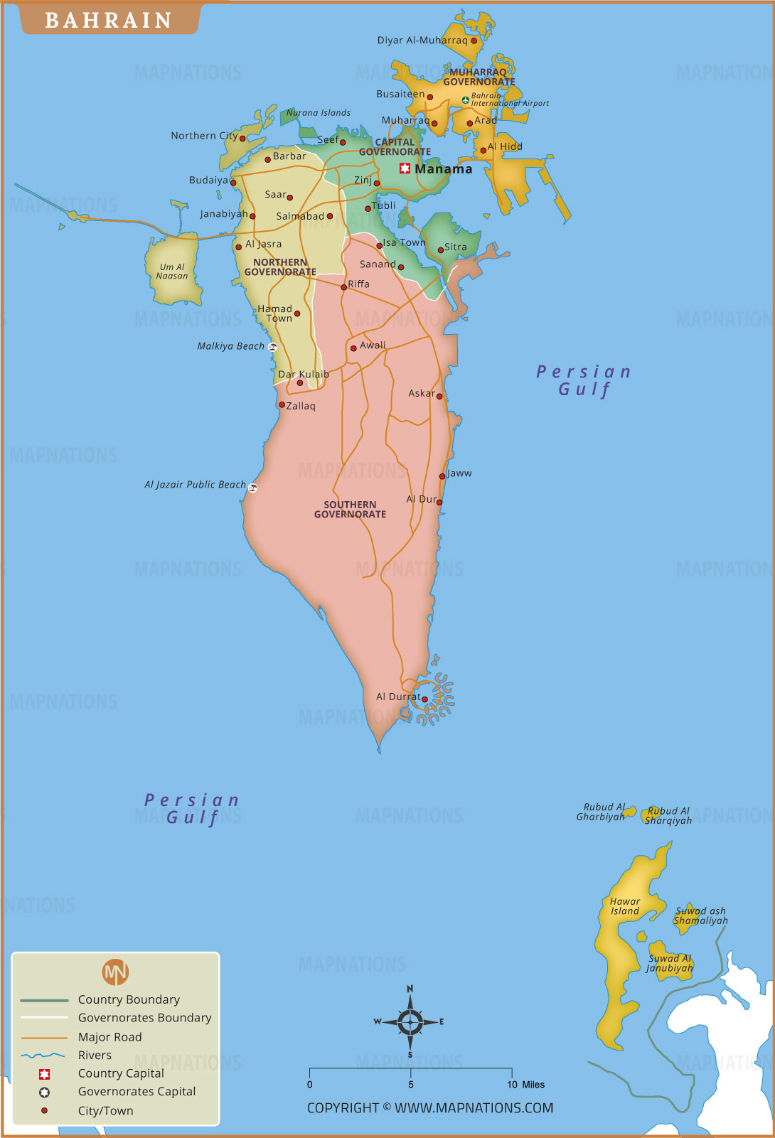 Map Of Bahrain Including Provinces Cities Roads And Major Islands Bahrain Map 