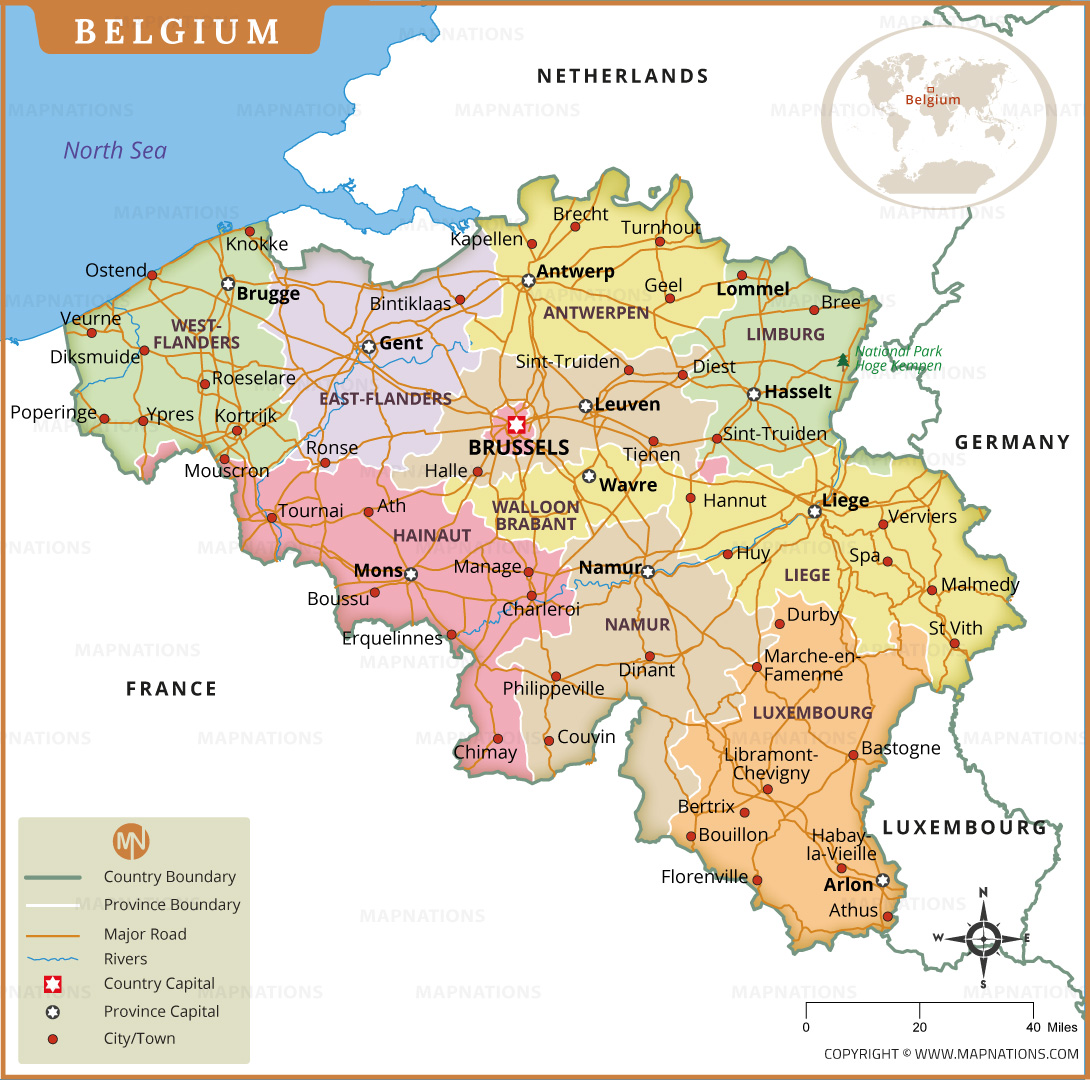 Map Of Belgium Showing Province Capital Cities Major Roads And Belgium Map 