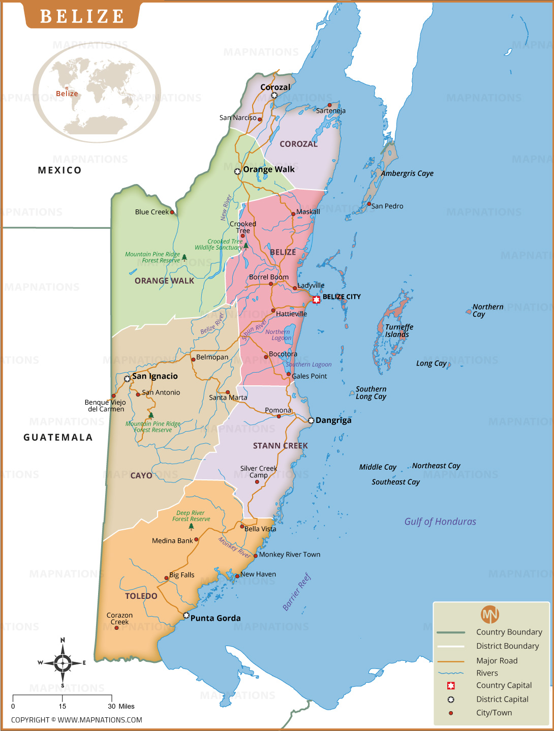 Map Of Belize With Districts Capitals Major Cities Roads And Rivers Belize Map 