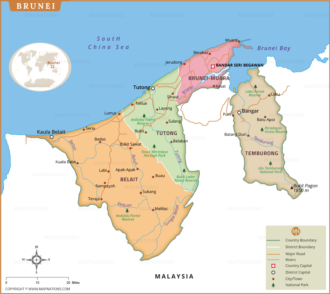 Brunei Political Map With Districts Cities Roads And Rivers Brunei Map Thumb 