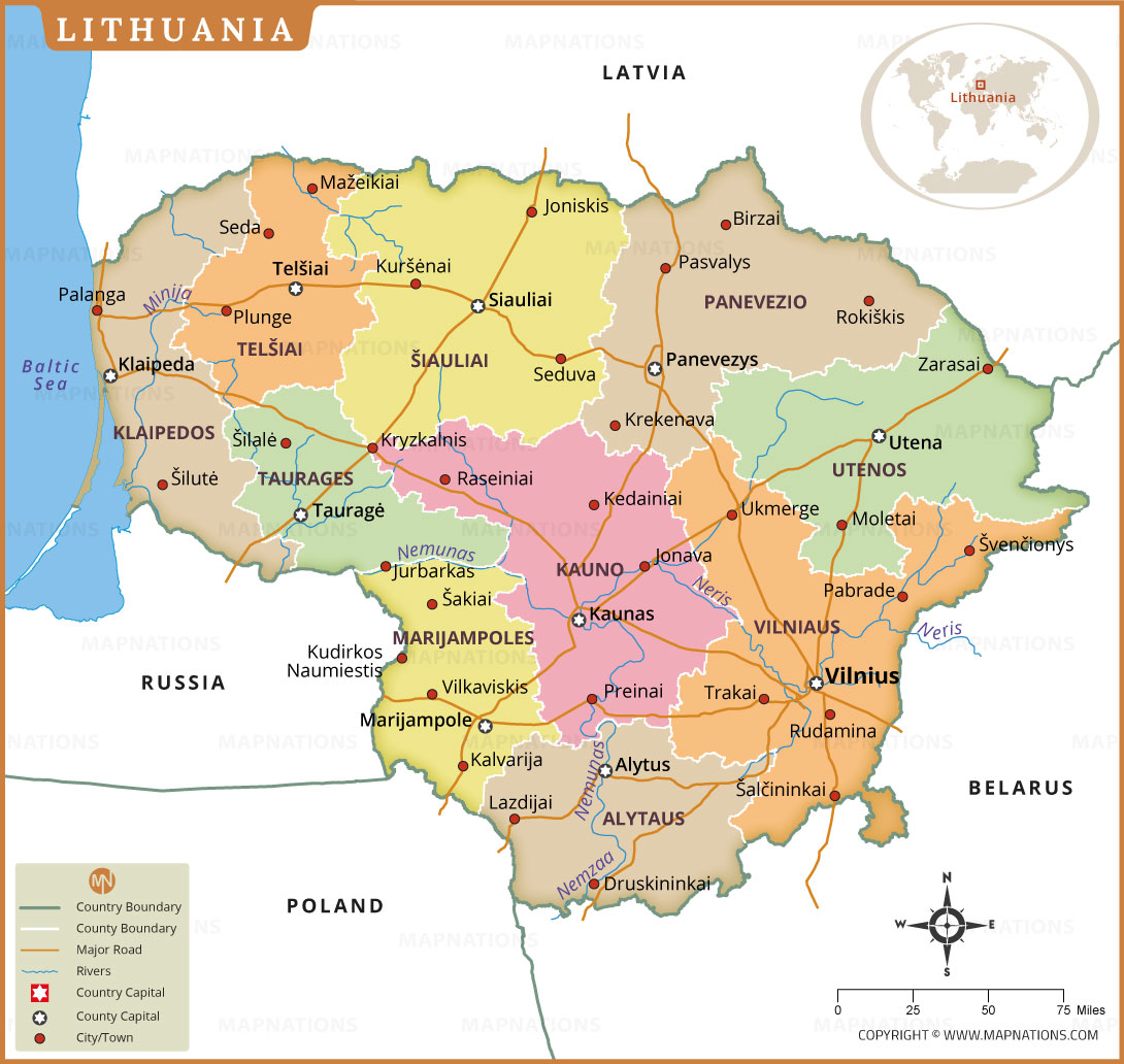 Lithuania Map With Counties Cities And Roads Lithuania Map 