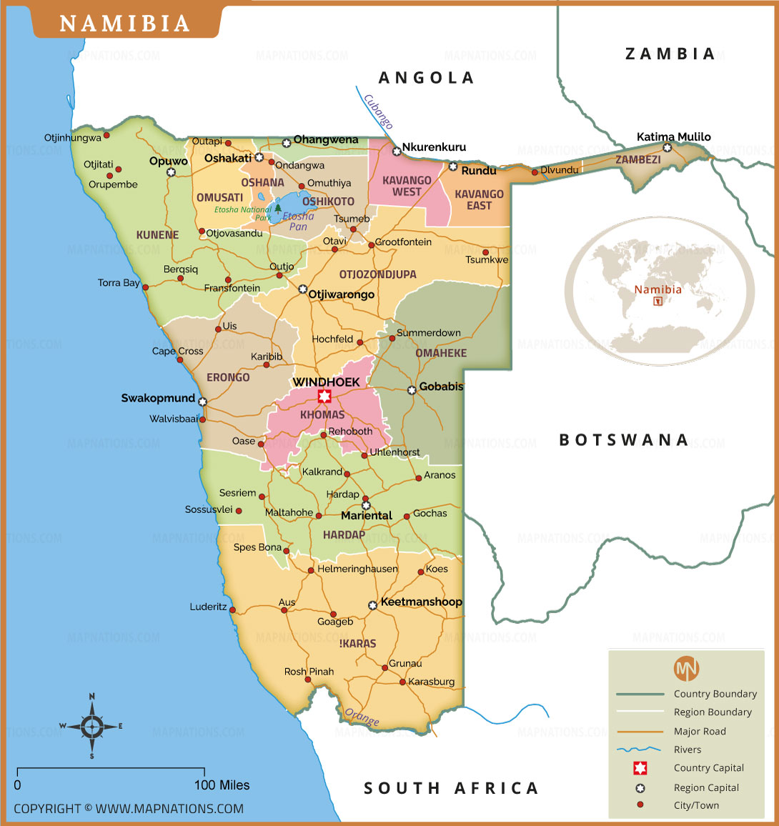 Namibia Map Cities Regions And Region Capitals Roads National Namibia Map 