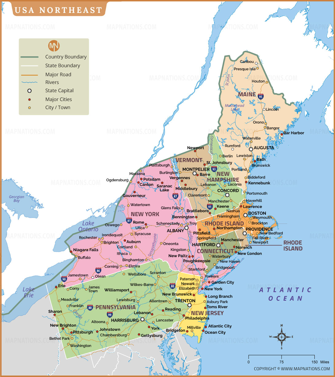 Northeast Map Of The United States States Cities Capitals Roads Northeast Usa Map 