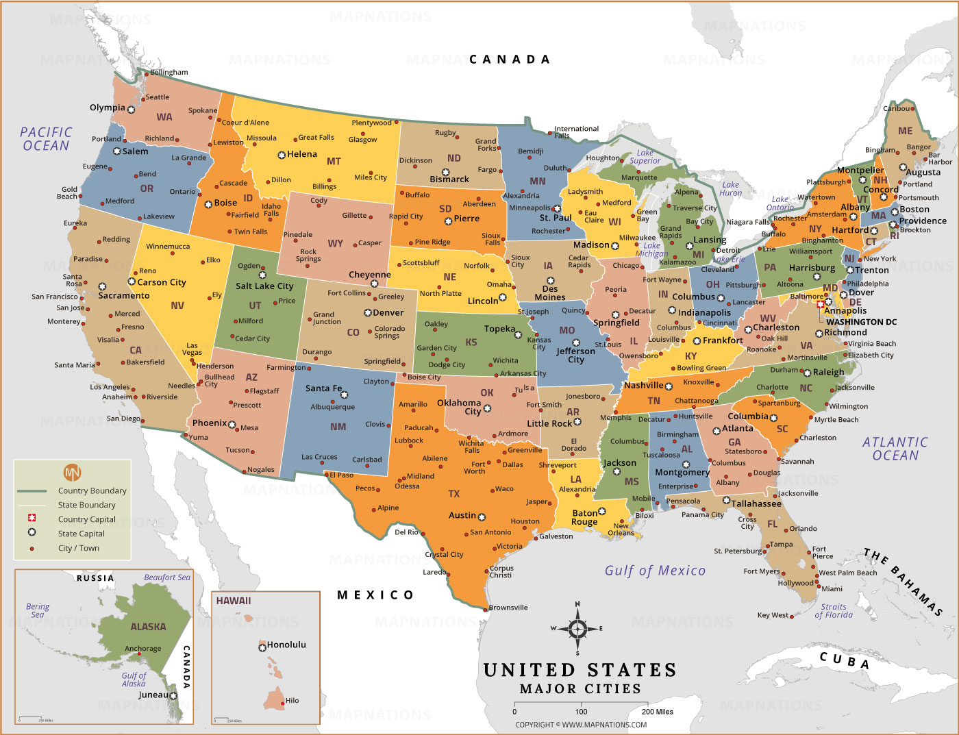 United States Major Cities Map State Capitals Major Usa Major Cities Map 