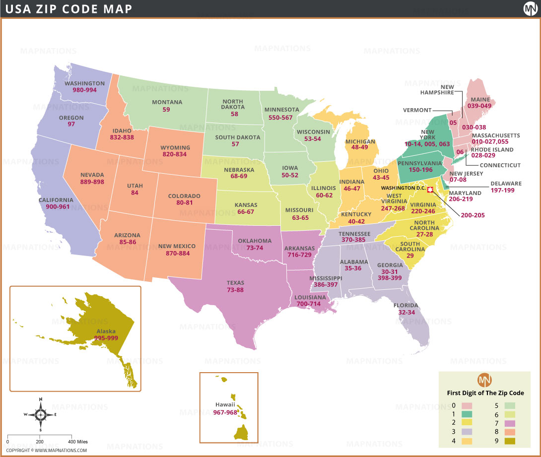 USA ZIP Code Map By State First Digit ZIP Code Ranges MapNations Usa Zip Code Map 