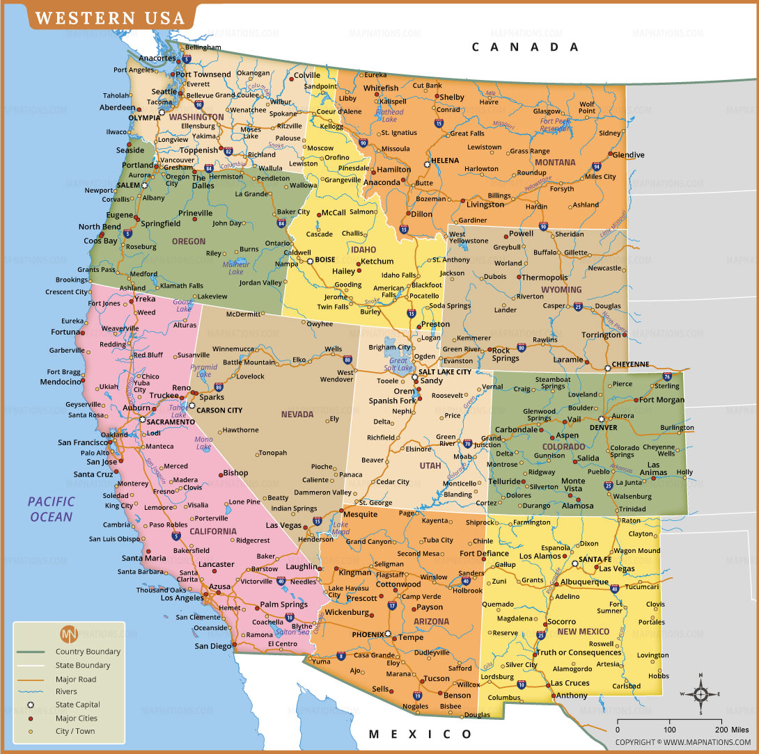 Western USA Map States Cities Highways Borders Western Usa Map 