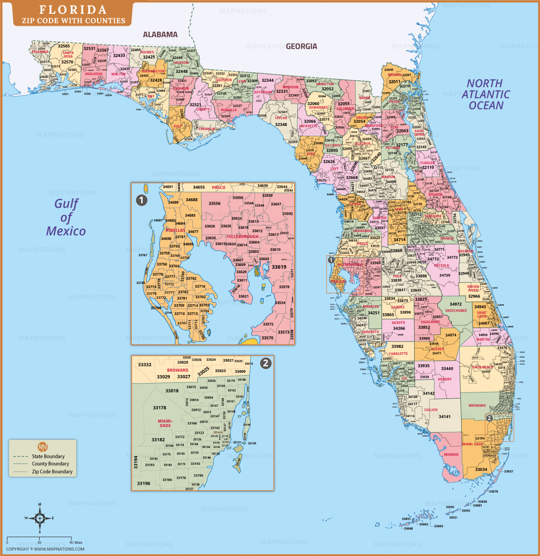 Florida ZIP Code Map With Counties Detailed Postal Codes By County.