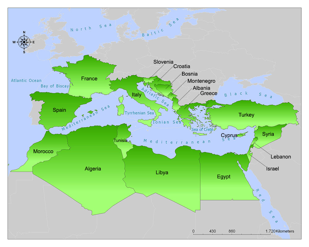 Mediterranean map/list of mediterranean countries