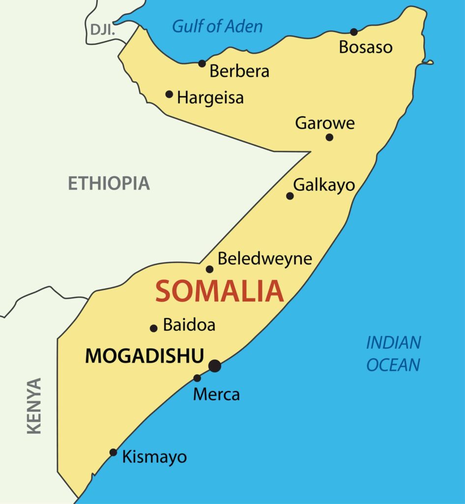 Somalia map with cities and regions