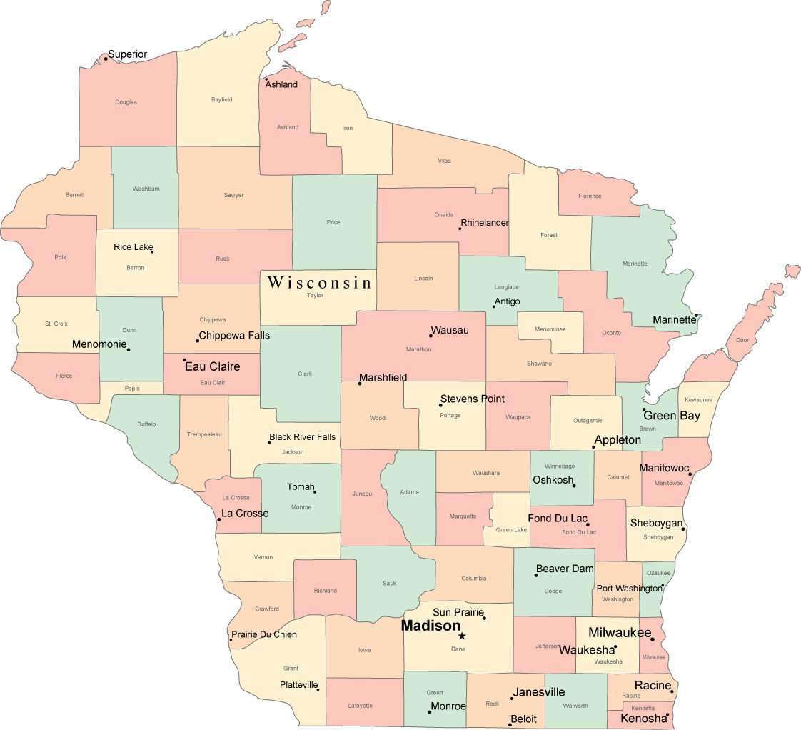 Multi Color Wisconsin Map With Counties Capitals And Major Cities WI USA 113419 