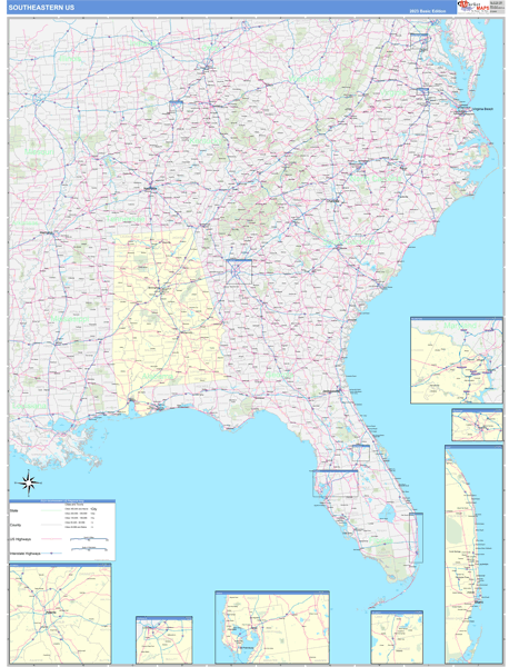 US Southeast 2 Regional Wall Map Basic Style By MarketMAPS MapSales 
