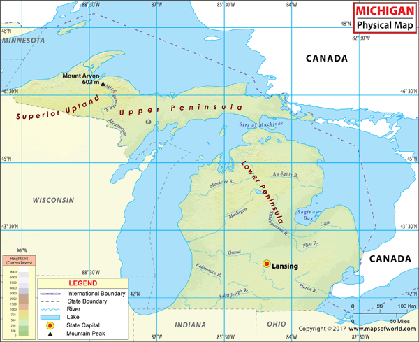 Physical Maps With Legends Michigan Physical Wall Map 