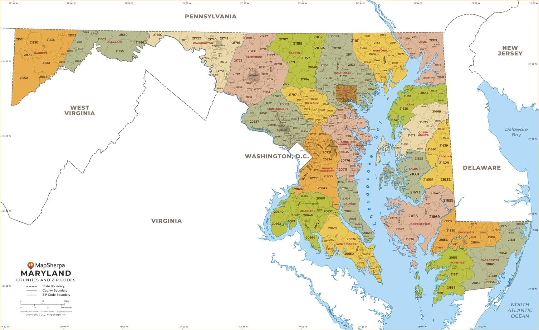 Maryland ZIP Code Map With Counties By MapSherpa The Map Shop Mow Cntyzip MD36 Large 1 
