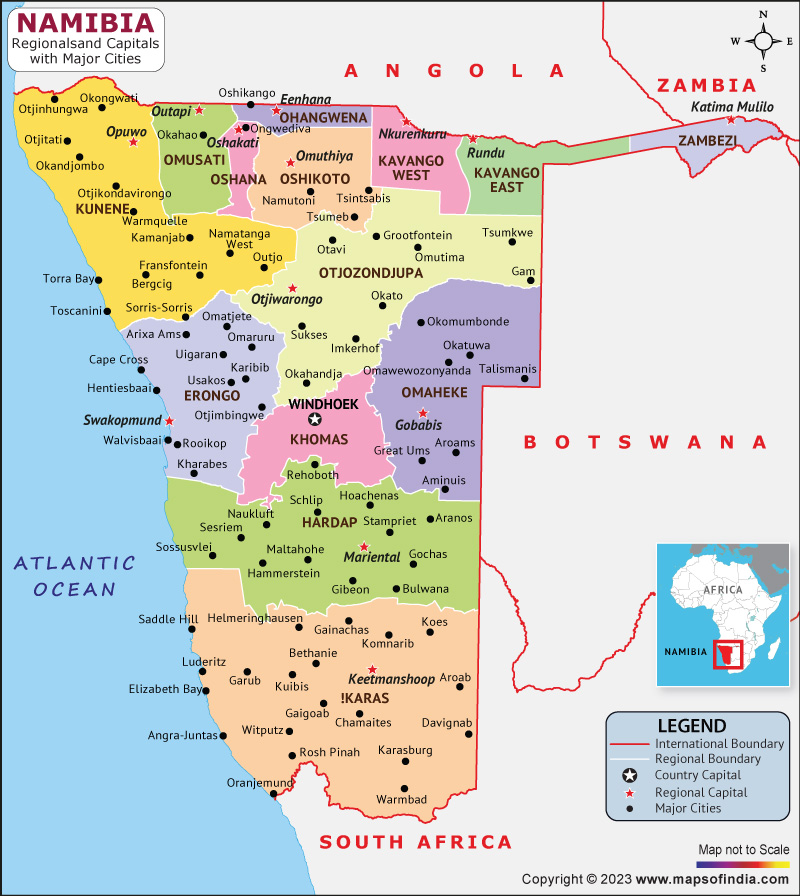 Namibian Map Namibia Regions And Capital Map 