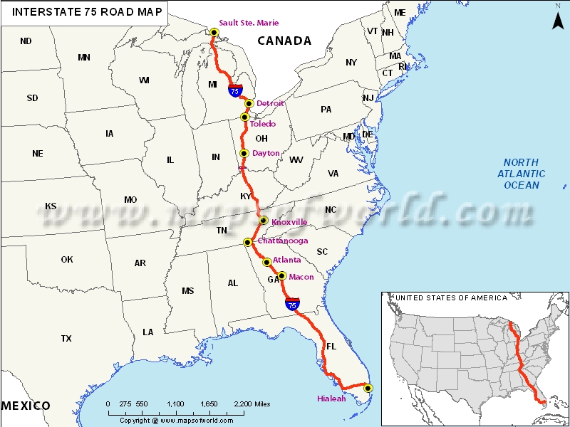 US Interstate 75 I 39 Map Hialeah Florida To Sault Ste Marie Us Interstate 75 Map 