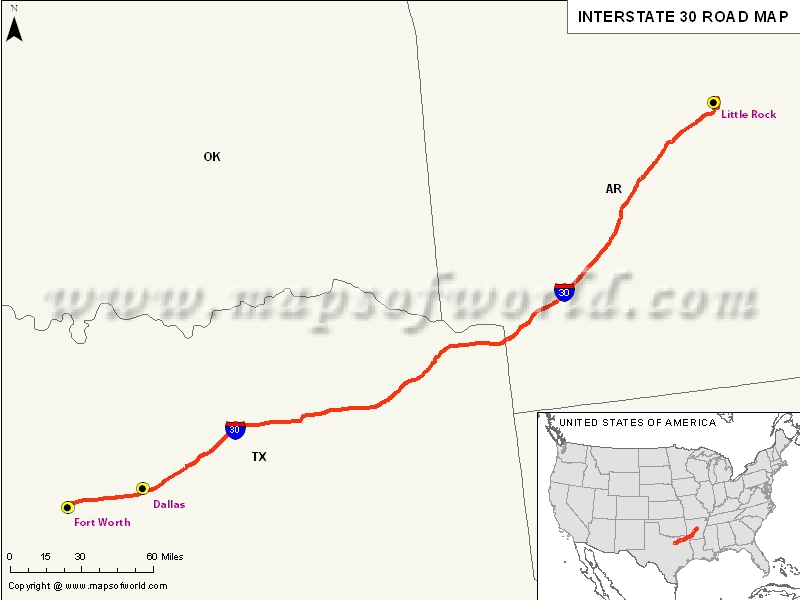 US Interstate 30 I 30 Map Fort Worth Texas To North Little Rock Usa Map 