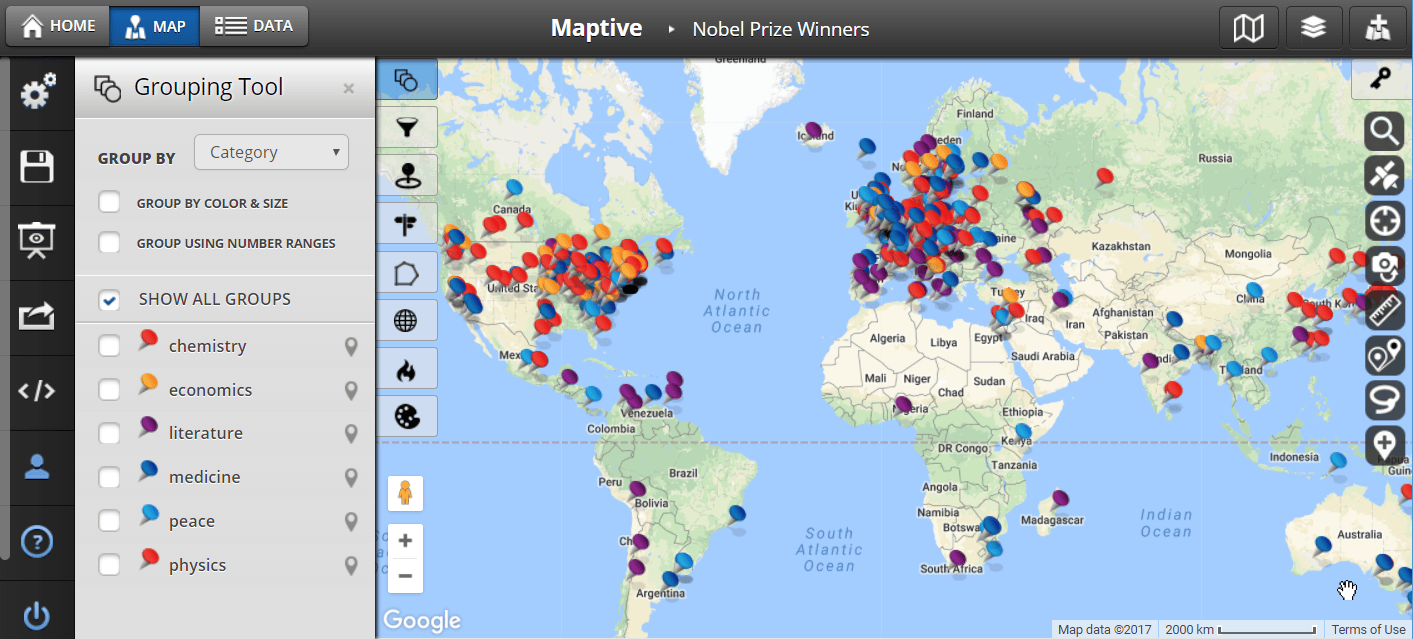 Plot Multiple Locations On A Map Maptive Nobel Prize Winners Map 