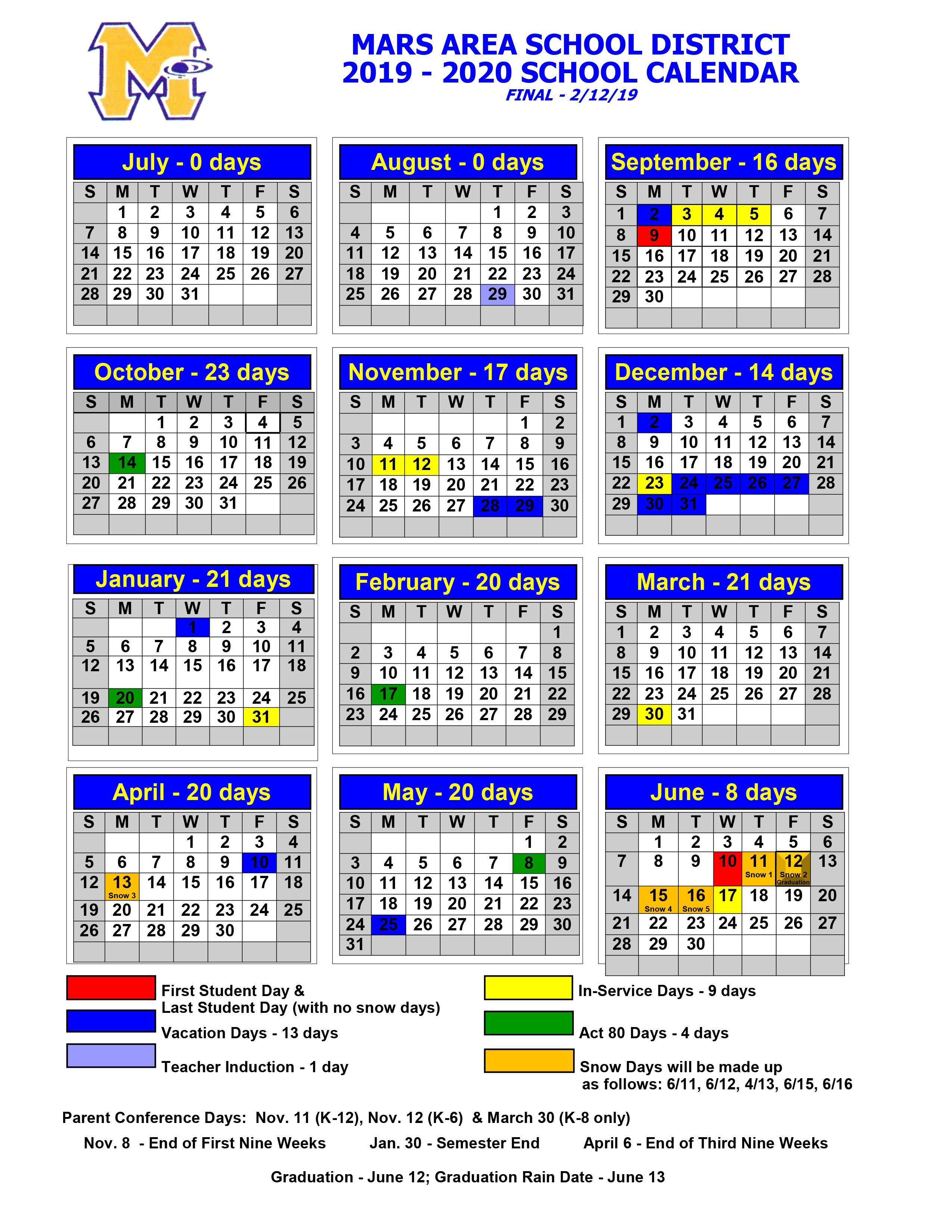 County School Calendar 2019 2020 