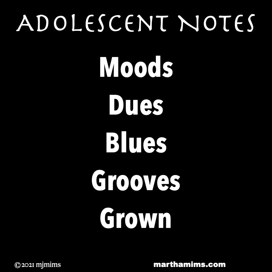 Adolescent Notes
Moods
Dues
Blues
Grooves
Grown
