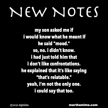 New Notes
my son asked me if
 i would know what he meant if
he said “mood.”
so, no. i didn’t know.
i had just told him that
i don’t like confrontations.
he explained that it’s like saying
“that’s relatable.”
yeah, i’m not the only one.
i could say that too.
