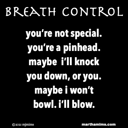 Breath Control
you’re not special.
you’re a pinhead.
maybe  i’ll knock
you down, or you.
maybe i won’t
bowl. i’ll blow.
