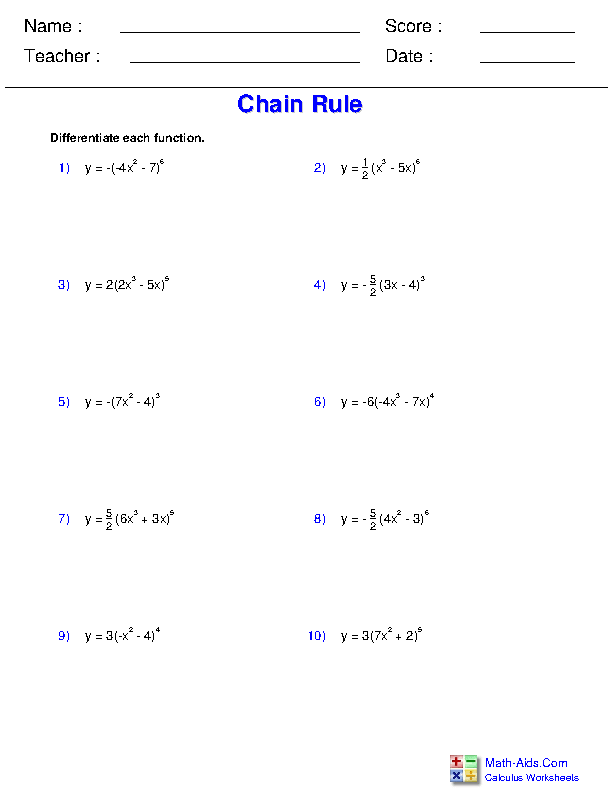 Chain rule derivative worksheet
