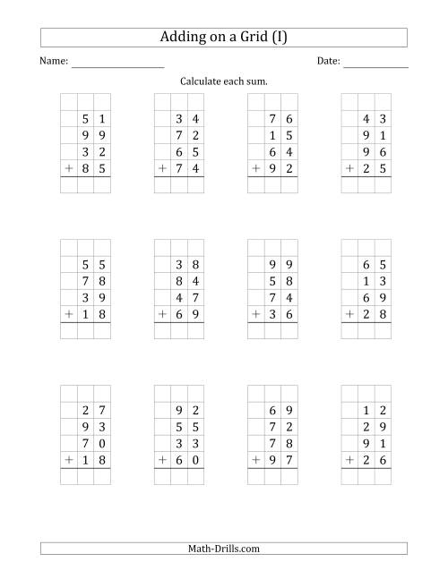 adding four 2 digit numbers on a grid i