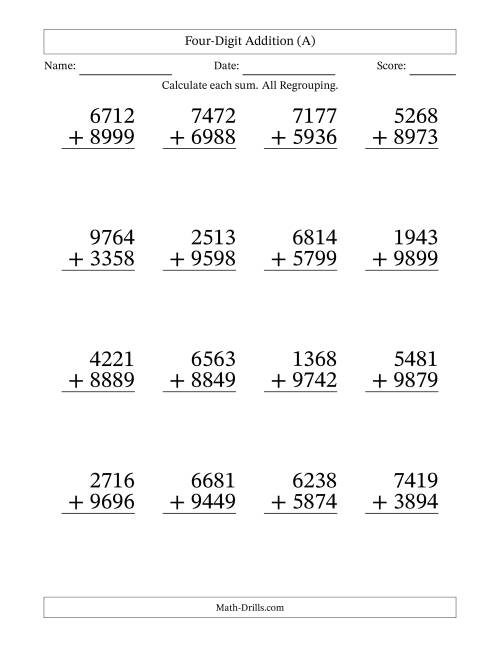 large print 4 digit plus 4 digit addtion with all