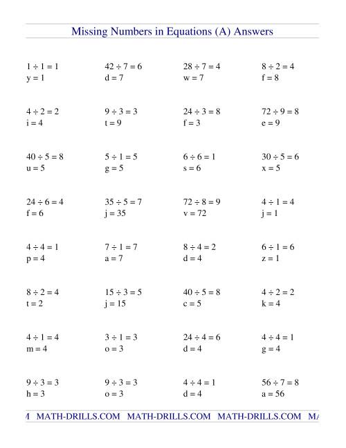 missing numbers in equations variables division a