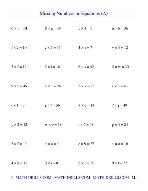 missing numbers in equations variables multiplication a