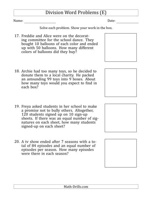 division word problems with division facts from 5 to 12 e
