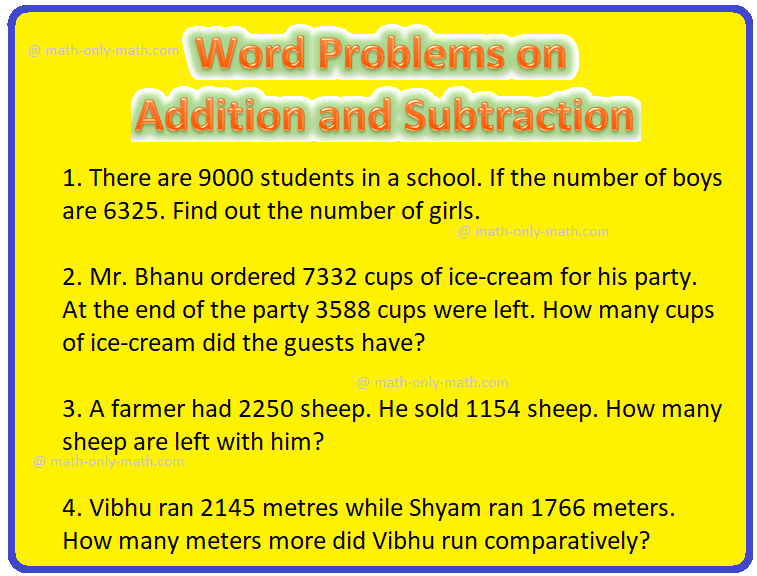 Worksheet on word problems on addition and subtraction together