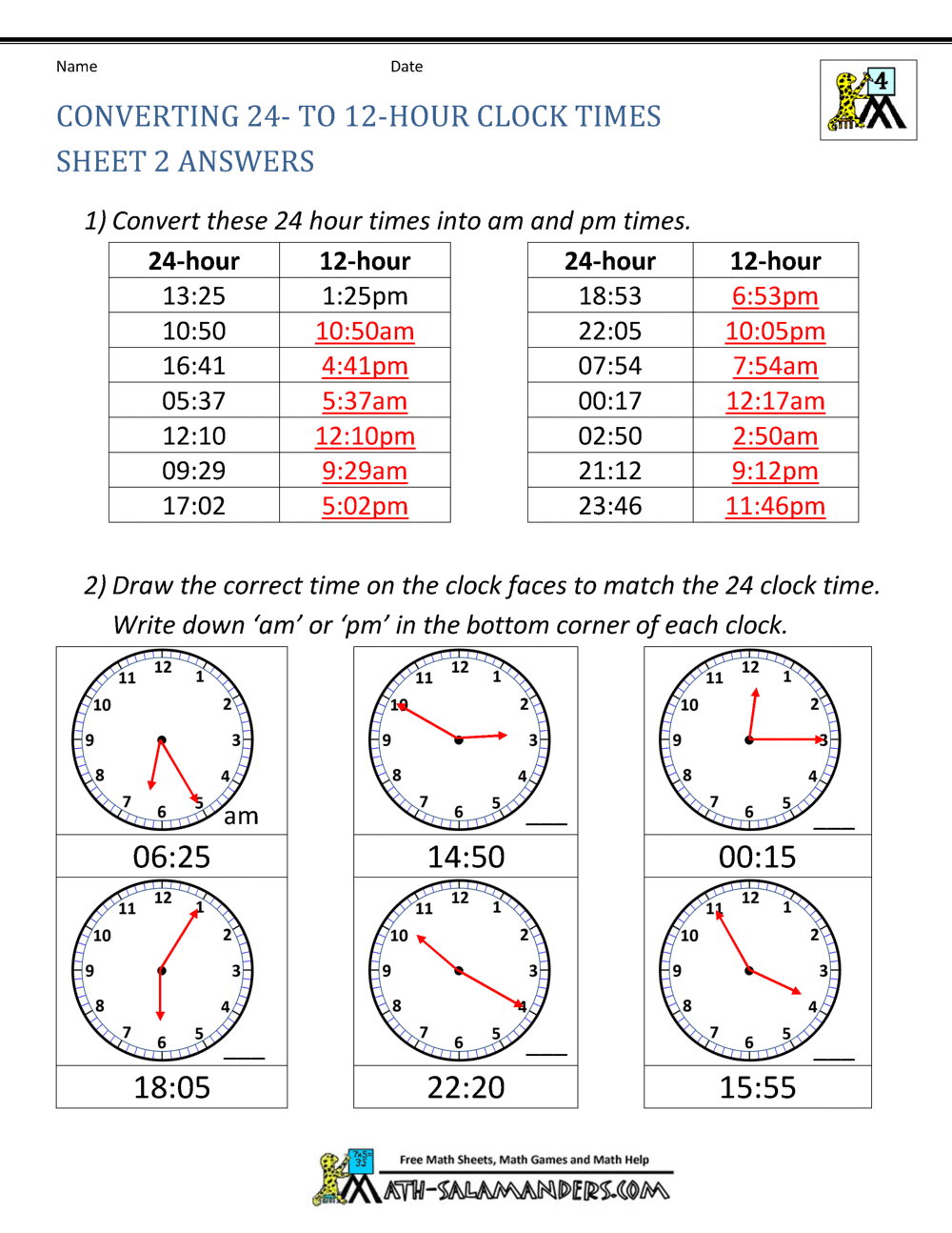 24 hour clock conversion worksheets