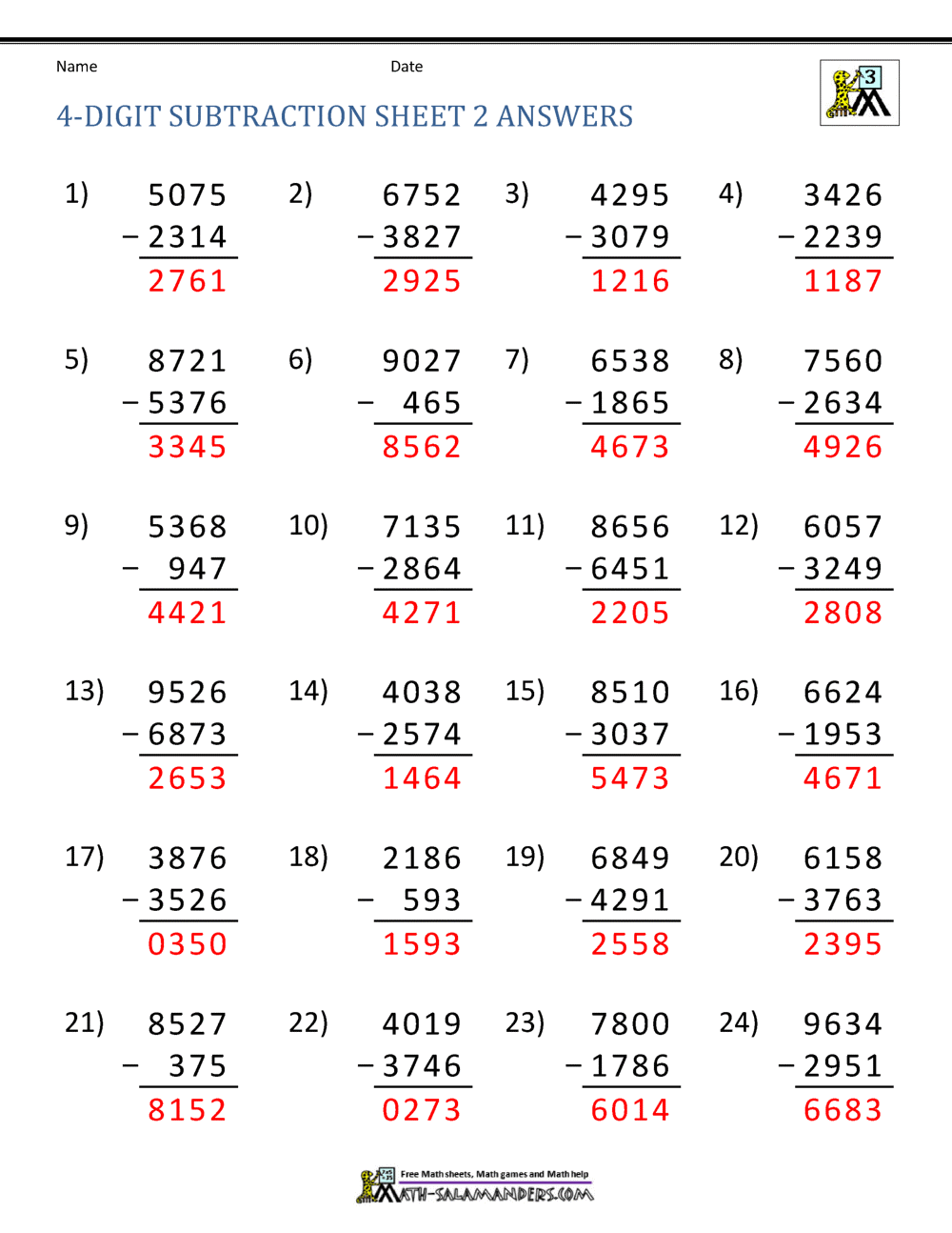 4 digit subtraction worksheets