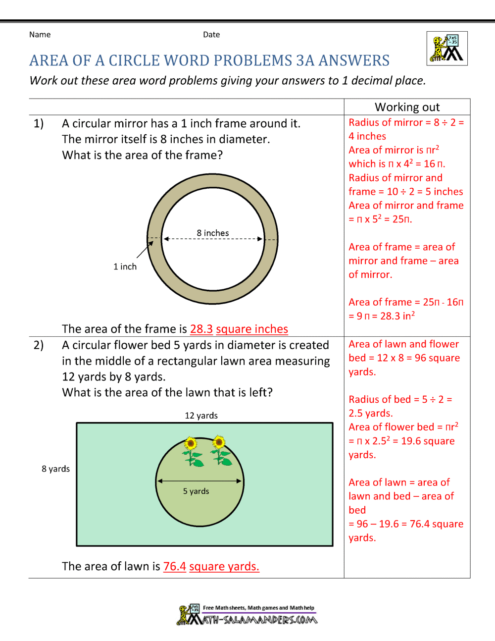 Geometry worksheets with problems calculating a circle's area and circumference. Area Of A Circle