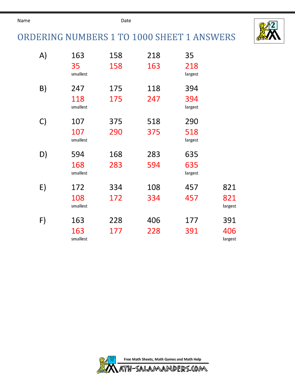 ordering numbers worksheets up to 1000