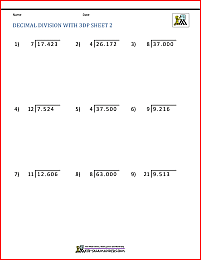 division of decimal numbers worksheets