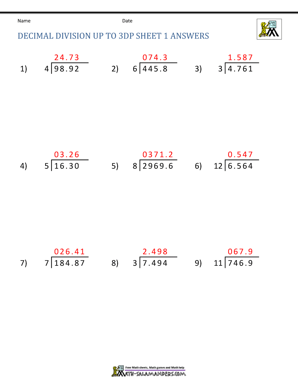 Division of decimal numbers worksheets