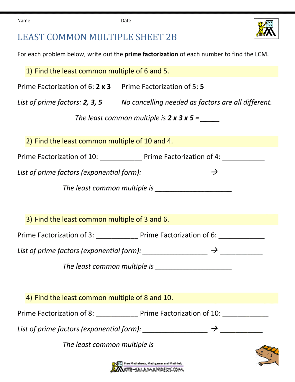 Least common multiple worksheets page
