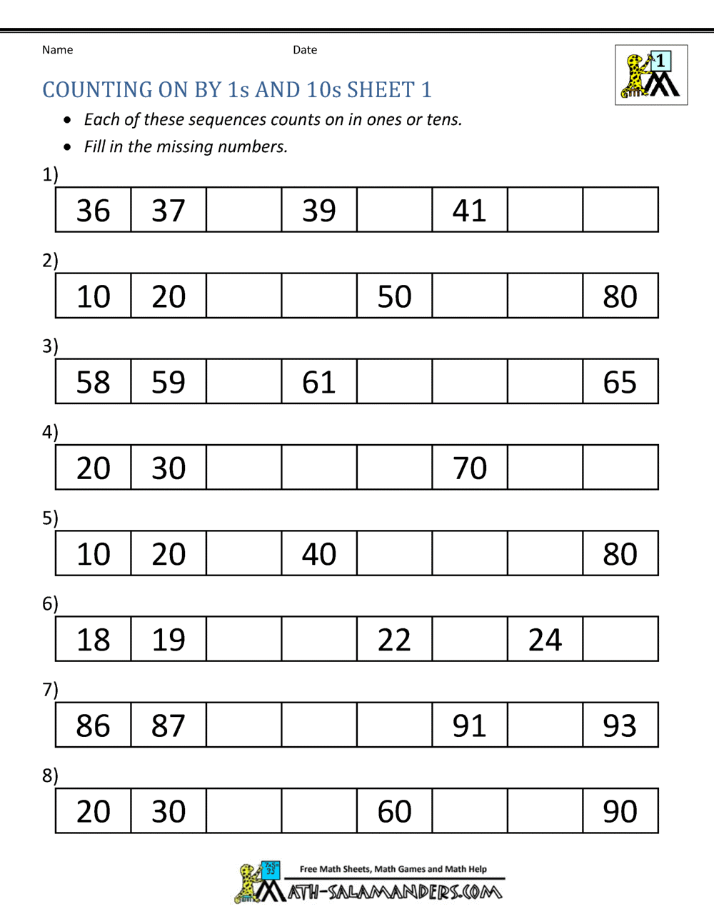 1st grade math worksheets counting by 1s and 10s