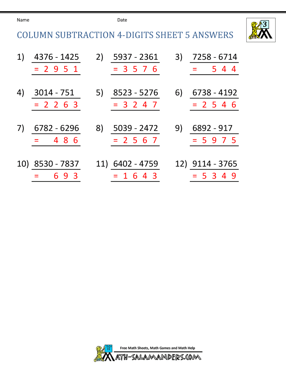 4 digit subtraction worksheets