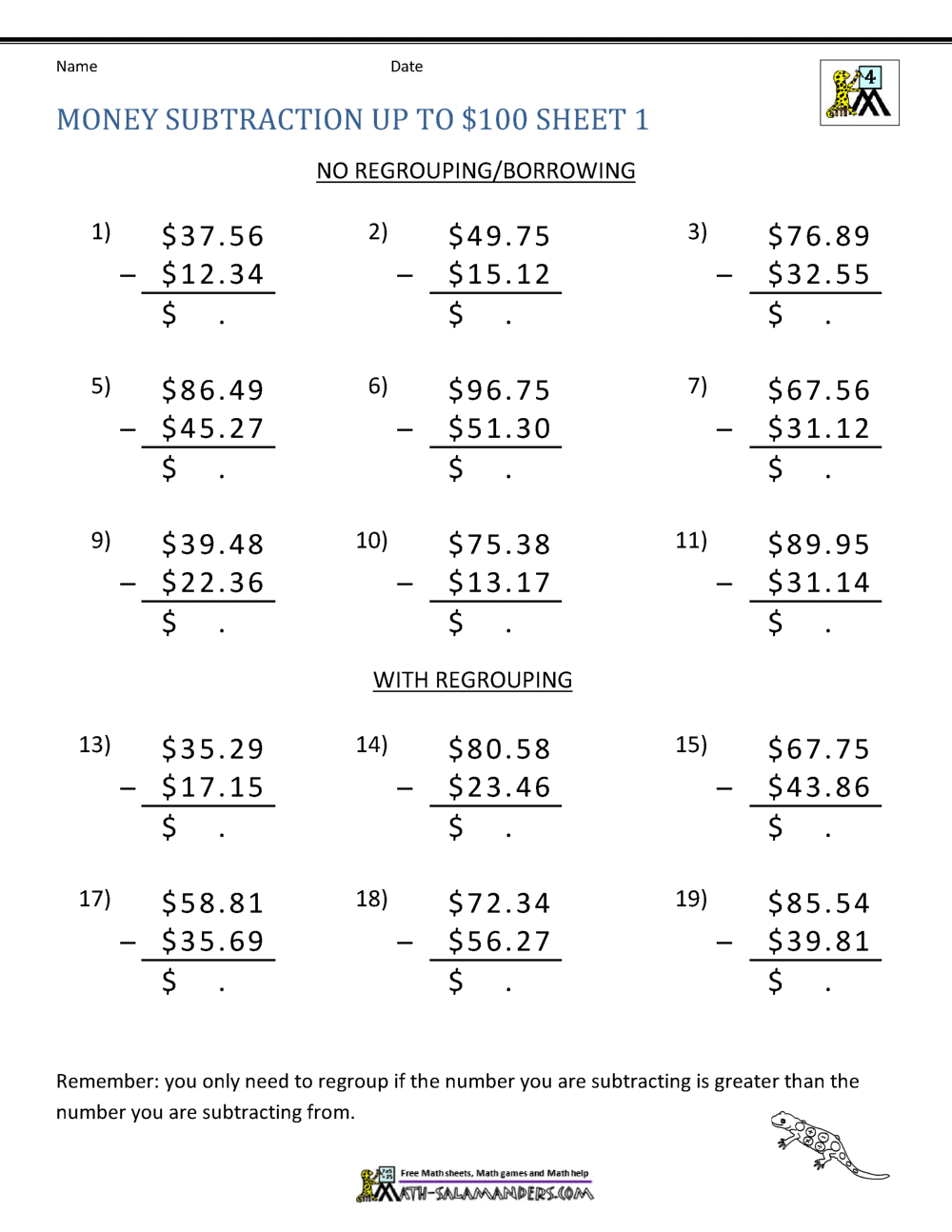 money subtraction worksheet page
