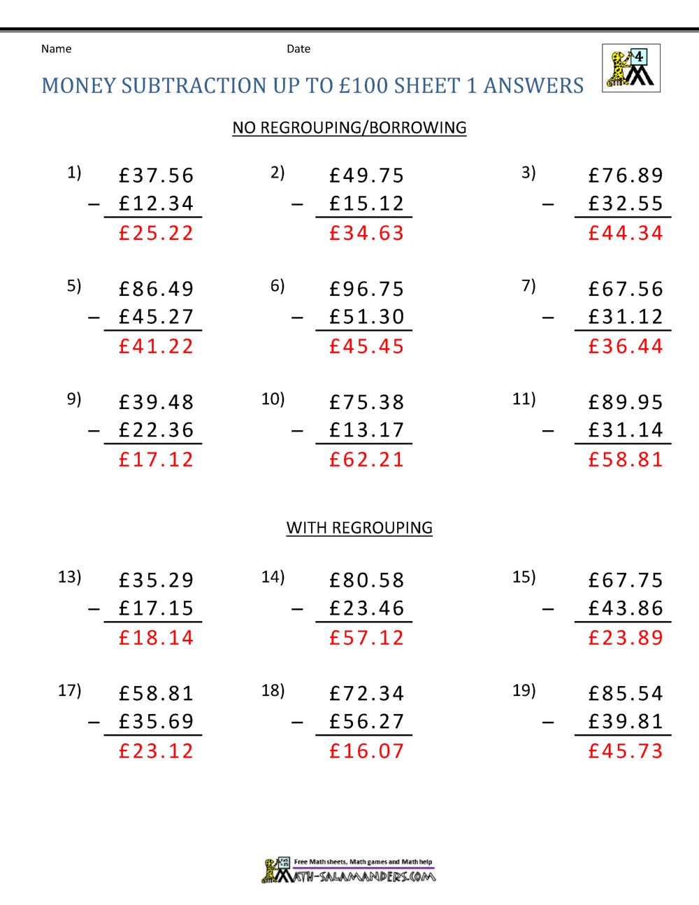 money subtraction worksheets uk money