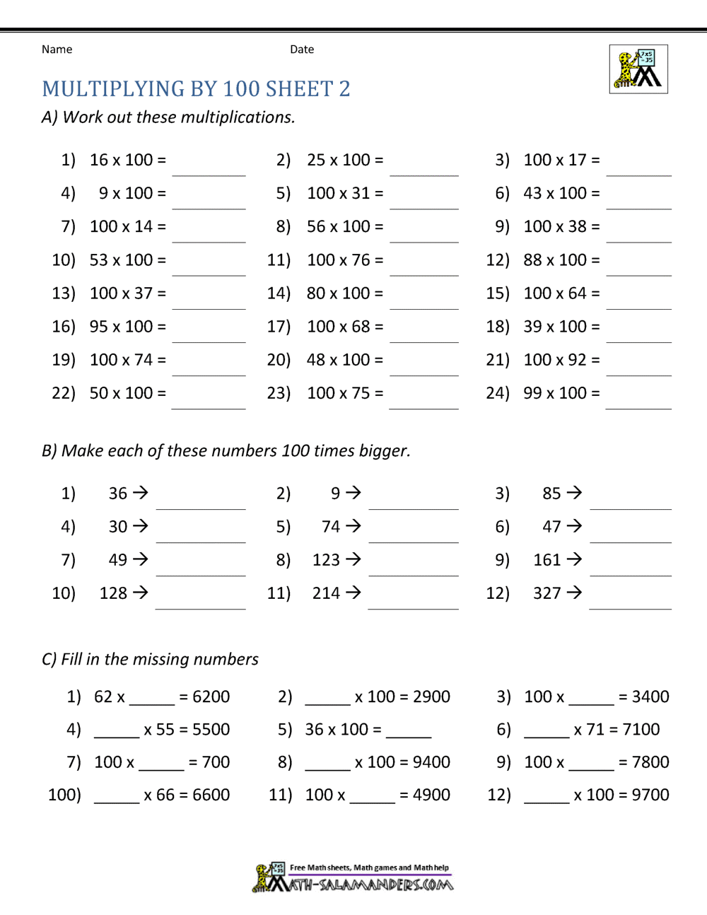 multiplying by 10 and 100 worksheets