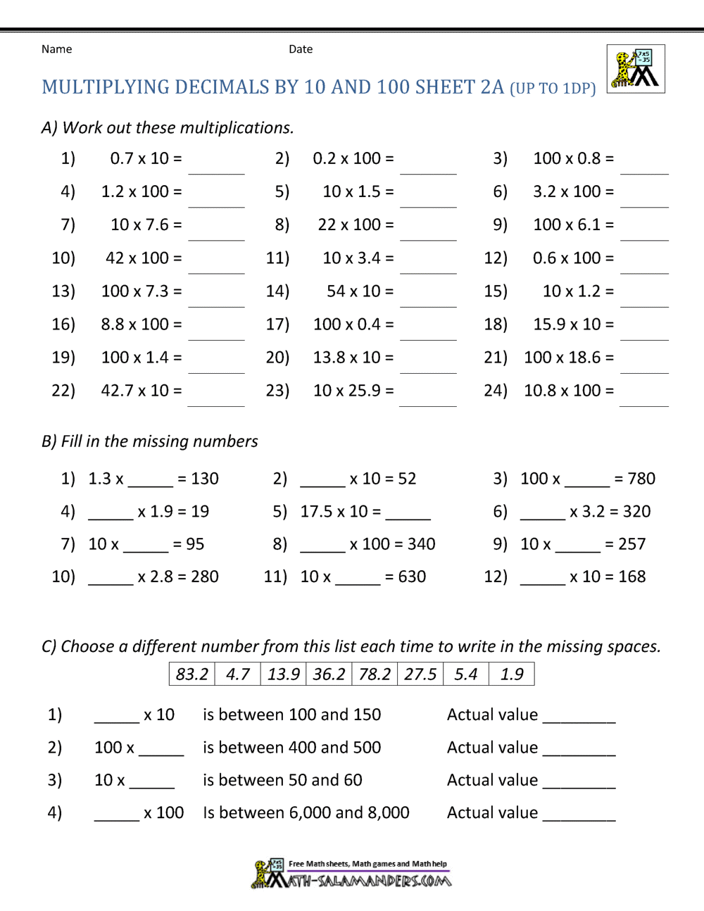multiplying decimals by 10 100