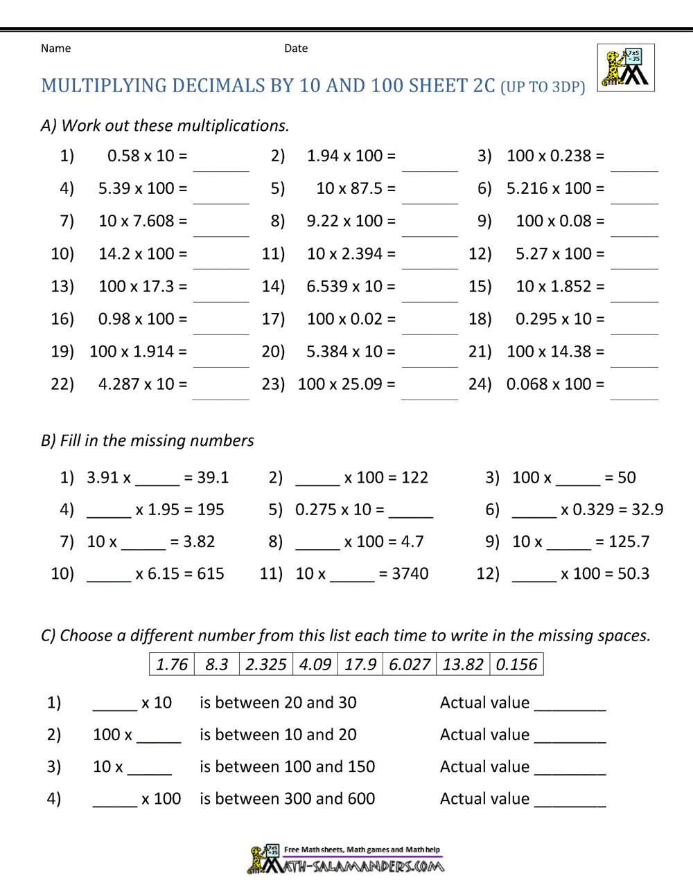 multiplying decimals by 10 100