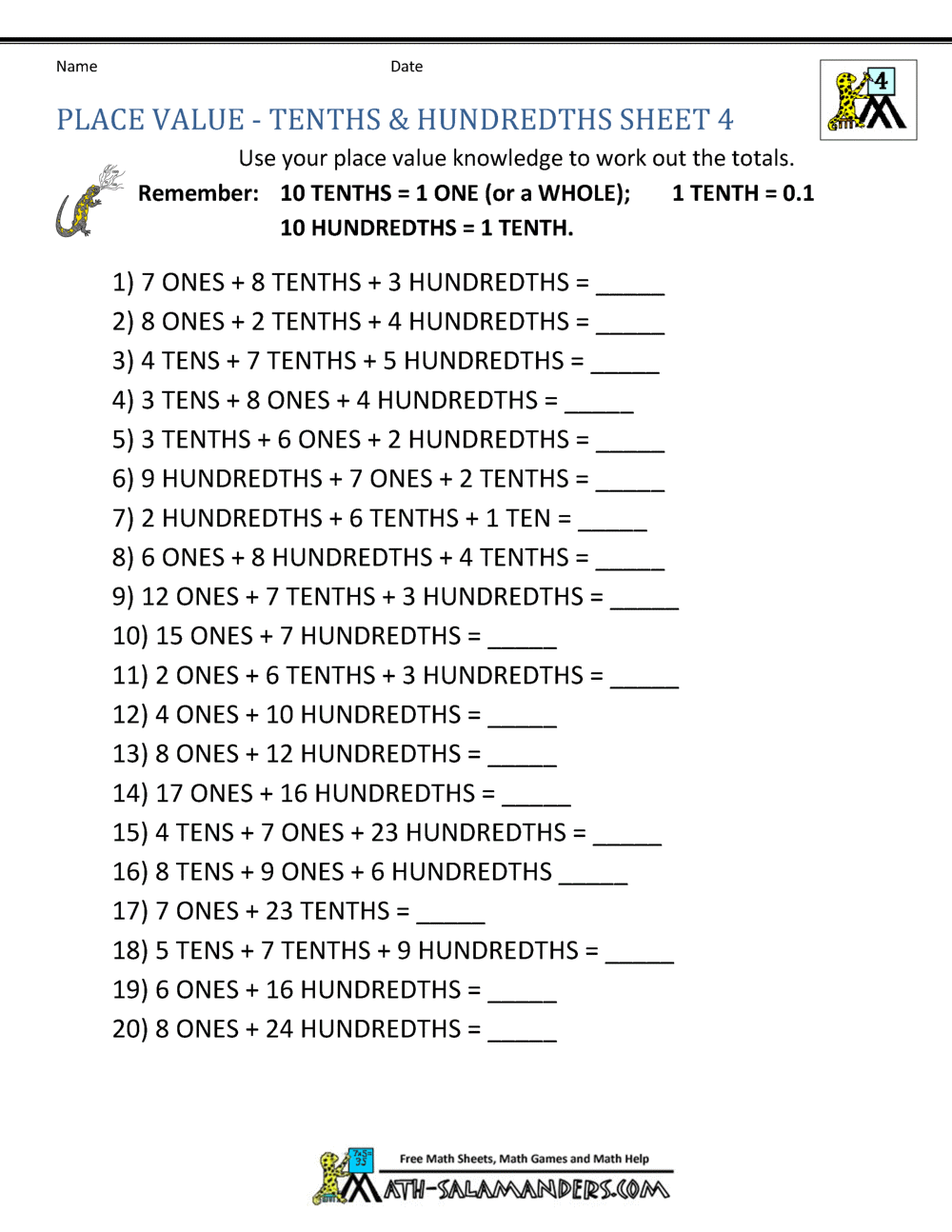 decimal place value worksheets 4th grade