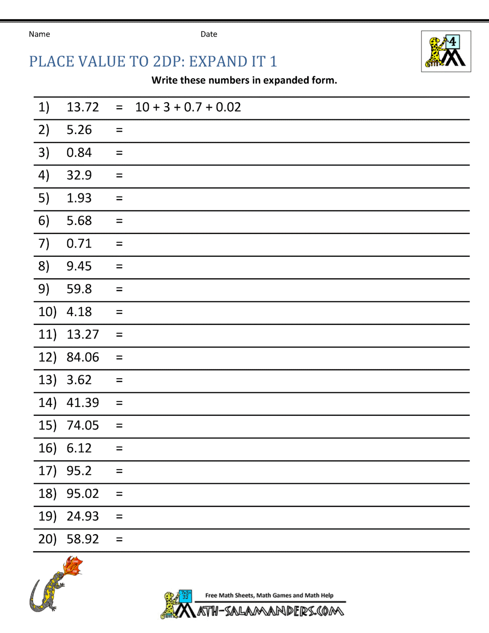 decimal place value worksheets 4th grade